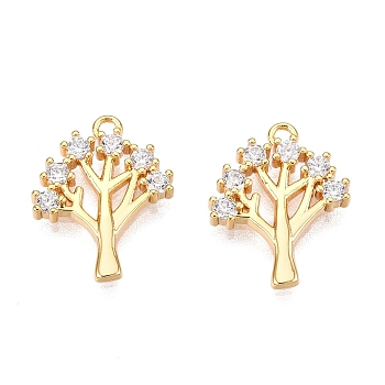 Brass Micro Pave Clear Cubic Zirconia Charms, Tree, Real 18K Gold Plated, 14.5x11.5x2mm, Hole: 1mm