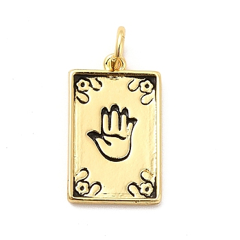Rack Plating Brass Pendants, Long-Lasting Plated, with Jump Rings, Cadmium Free & Lead Free, Rectangle with Palm Pattern Charm, Real 18K Gold Plated, 16.5x10x1.5mm, Hole: 3mm, ring: 5x0.9mm