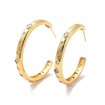 Clear Cubic Zirconia Star & Rhombus Stud Earrings, Brass Half Hoop Earrings for Women, Cadmium Free & Nickel Free & Lead Free, Real 18K Gold Plated, 32x35x4.5mm, Pin: 0.8mm