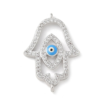 Brass Micro Pave Cleear Cubic Zirconia Evil Eye Hamsa Hand Connector Charms, with Enamel, Religion Links, Cadmium Free & Lead Free, Long-Lasting Plated, Rack Plating, Platinum, 29x19.5x4mm, Hole: 1mm