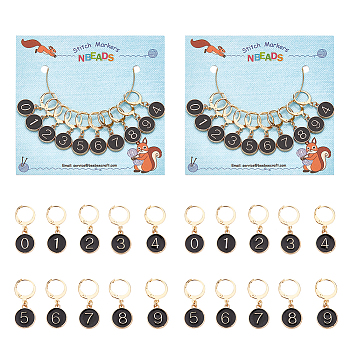Alloy Enamel Number Charms Locking Stitch Markers, with Golden Tone 304 Stainless Steel Ring, Flat Round, Black, 30mm, Flat Round: 14.5x12x2.5mm, 10pcs/set