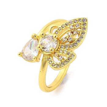 Butterfly Cubic Zirconia & Glass Open Cuff Ring, Brass Finger Rings for Women, Real 18K Gold Plated, Inner Diameter: 19mm