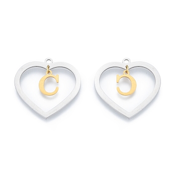 201 Stainless Steel Pendants, Hollow, Heart with Letter A~Z, Real Gold Plated & Stainless Steel Color, Letter.C, 29x29.5x1mm, Hole: 2mm, A~Z: 12x8~10.5x1mm
