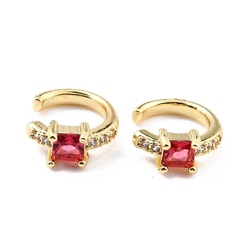 Brass Micro Pave Cubic Zirconia Cuff Earrings, Real 18K Gold Plated, Ring, Red, 13x2.5mm