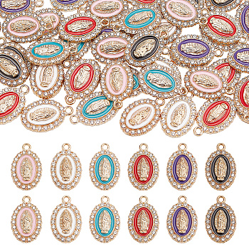 60Pcs 6 Colors Alloy Rhinestone Pendants, with Enamel, Oval with Virgin Mary Charms, Light Gold, Mixed Color, 20.5x13x2.5mm, Hole: 1.8mm, 10Pcs/color