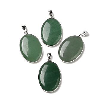 Natural Green Aventurine Pendants, Oval Charms with Platinum Plated Metal Findings, 39.5x26x6mm, Hole: 7.6x4mm