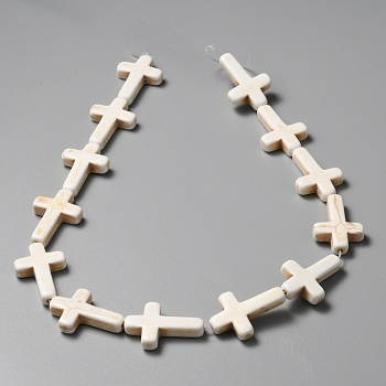 Natural Howlite Beads Strands, Religion Cross, Floral White, 29~30x20x6~6.5mm, Hole: 1.4mm, about 13pcs/strand, 15.31 inch(38.9cm)