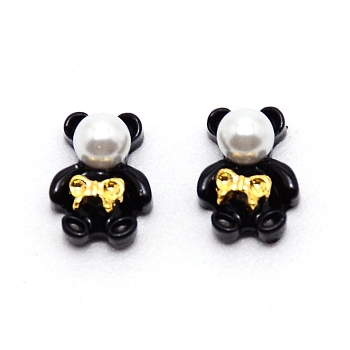 Plastic Cabochons, with Imitation Pearl Bead & Zinc Alloy Bowknot, for Nail Art Studs and Nail Art Decoartion Accessories, Bear, Black, 9.5x7x4.5mm