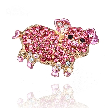 Golden Alloy Rhinestone Brooches, Pig Brooches for Women, Rose, 25x35mm