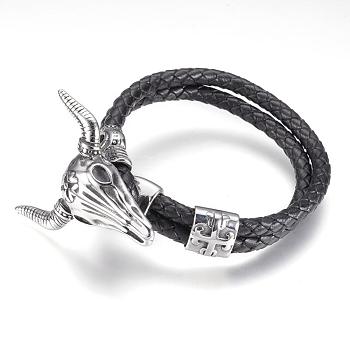 Braided Multi-strand Leather Cord Bracelets, with 304 Stainless Steel Findings, Cow Head, Antique Silver, 8-7/8 inch(225mm)
