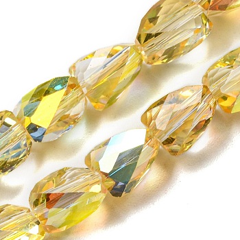 Transparent Electroplate Glass Beads Strands, Half Rainbow Plated, Faceted, Triangle, Gold, 7x6x4mm, Hole: 1mm, about 66~75pcs/strand, 19.09~21.18 inch(48.5~53.8cm)