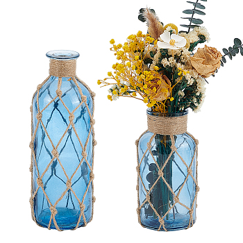 2Pcs 2 Styles Glass Vases, with Jute Rope, Steel Blue, 72~82x78~90x165~205mm, 1pc/style 