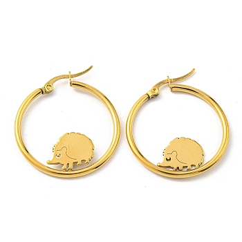 304 Stainless Steel Hedgehog Beaded Hoop Earrings, Golden, 32x30.5mm