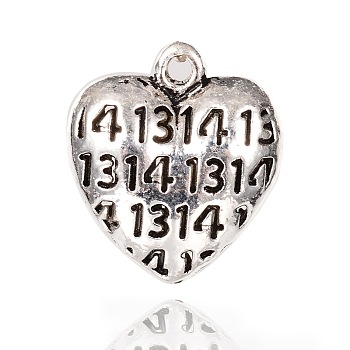 Tibetan Style Alloy Heart Pendants, with Word 1314, Antique Silver, 22x20x9mm, Hole: 2mm