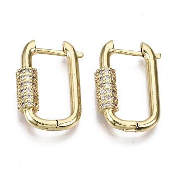 Brass Micro Pave Cubic Zirconia Huggie Hoop Earring, Oval, Nickel Free, Real 16K Gold Plated, Clear, 22x15x5mm, Pin: 1.3mm