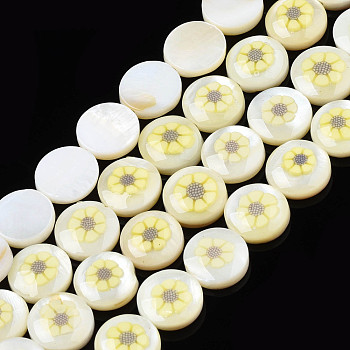 Natural Freshwater Shell Enamel Beads, Flat Round with Flower, Champagne Yellow, 9x3mm, Hole: 0.8mm, about 40pcs/strand, 14.17 inch(36cm)