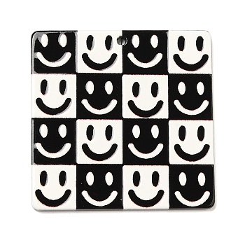 Acrylic Pendants, Black and White Lattic, Smiling Face, 34.5x35x2.5mm, Hole: 1.6mm