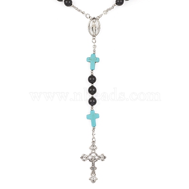 Synthetic Turquoise & Wood Rosary Bead Necklace(NJEW-JN04431-01)-4