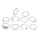 10Pcs Alloy with Crystal Rhinestone Finger Rings, Moon/Leaf/Heart, Platinum, Inner Diameter: 16~19mm(WG3531F-03)