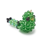 Glass Beaded Bird Charms, with Natural Natural Black Onyx Beads & Glass Pearl & Iron Loop, Faceted, Green, 23x22x38.5mm, Hole: 2.5mm(PALLOY-MZ00972-01)