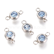 304 Stainless Steel Rhinestone Links Connectors, Flat Round, Stainless Steel Color, Light Sapphire, 12x6.5x4mm, Hole: 2mm(STAS-P237-17P-15)