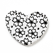 Printed Acrylic Pendants, Heart with Sakura Pattern, Black, 26x31.5x2mm, Hole: 1.5mm(SACR-G018-04D)