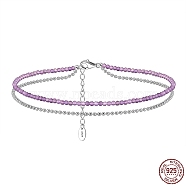 Rhodium Plated 925 Sterling Silver Double Layered Ball Chain Anklet with Natural Spinel Beaded, Women's Jewelry for Summer Beach, with S925 Stamp, Real Platinum Plated, 8-5/8 inch(22cm)(AJEW-F162-014P)