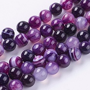 Round Dyed Natural Striped Agate/Banded Agate Beads Strands, Indigo, 8mm, Hole: 1mm, about 48pcs/strand, 15.2 inch(X-G-G582-8mm-05)