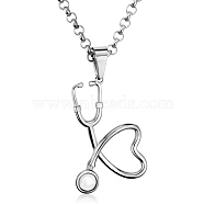SHEGRACE Stainless Steel Pendant Necklaces, with Lobster Claw Clasps and Rolo Chains, Stethoscope, Stainless Steel Color, 23.62 inch(60cm), Pendant: 28x38mm(JN073A-X)