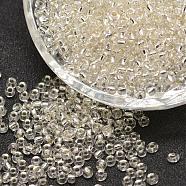 8/0 Transparent Glass Round Seed Beads, Grade A, Silver Lined, Clear, 2.8~3.2mm, Hole: 1.0mm, about 1500pcs/50g(X-SEED-J010-F8-21)