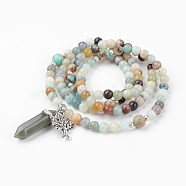 Dual-use Items, Four Loops Natural Flower Amazonite Wrap & Imperial Jasper(Dyed) Bracelets or Beaded Necklaces, with Burlap Bags, Antique Silver and Platinum, Tree, 29.1 inch(74cm)(BJEW-JB03414-02)