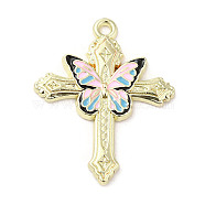 Light Gold Plated Alloy Enamel Pendants, Cross with Butterfly Charm, Pink, 30x24x2mm, Hole: 1.6mm(ENAM-L041-04B)