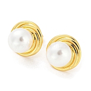 Plastic Pearl Round Stud Earrings, Brass Earrings, Long-Lasting Plated, Cadmium Free & Lead Free, Real 18K Gold Plated, 15mm(EJEW-Q785-20G)