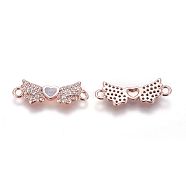 Brass Cubic Zirconia Links, with Synthetic Opal, Wing with Heart, Rose Gold, Pink, 7x21x2mm, Hole: 1.6mm(KK-L177-61RG-B)