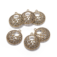 Alloy Pendant Cabochon Settings, Flat Round, Antique Golden, Tray: 9.5mm, 31.5x28x3mm, Hole: 2.5mm(PALLOY-G131-39AG)