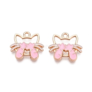 Alloy Enamel Pendants, Lead Free & Cadmium Free, Cat Shape Charm, Golden, Pink, 16.5x18x4mm, Hole: 1.8mm(ENAM-T020-63B)