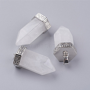 Natural Quartz Crystal Pointed Pendants, Rock Crystal Pendants, with Brass Finding, Bullet, Platinum, 39x18mm, Hole: 4.5x5.5mm(G-E442-03U)
