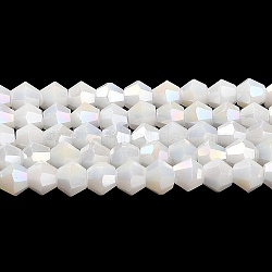 Opaque Solid Color Electroplate Glass Beads Strands, AB Color Plated, Faceted, Bicone, White, 4x4mm, Hole: 0.8mm, about 87~98pcs/strand, 12.76~14.61 inch(32.4~37.1cm)(GLAA-F029-P4mm-A15)