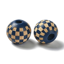 Wood Laser Engraved Tartan Beads, Round, Dyed, for DIY Craft, Marine Blue, 15.5~16x14.5mm, Hole: 4.5mm(WOOD-I011-01B-06)