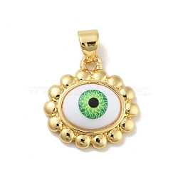 Brass Pendants, with Acrylic, Cadmium Free & Lead Free, Long-Lasting Plated, Oval with Evil Eye, Real 18K Gold Plated, Green, 16x16.5x5.5mm, Hole: 4x3.5mm(KK-B059-39G-B)