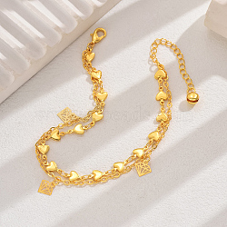 Elegant Double Layered Heart Shaped Brass Anklet for Women, Real 18K Gold Plated, 7-5/8 inch(19.5cm)(BN4407)