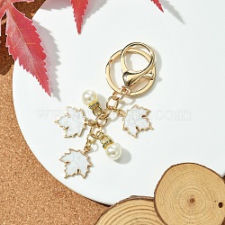 Alloy Enamel Keychain, with Plastic Imitation Pearl Pendants, Iron Ring and Alloy Lobster Claw Clasps, Maple Leaf, White, 9.5cm(KEYC-YW00106-01)