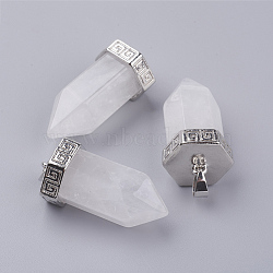 Natural Quartz Crystal Pointed Pendants, Rock Crystal Pendants, with Brass Finding, Bullet, Platinum, 39x18mm, Hole: 4.5x5.5mm(G-E442-03U)