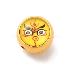 Alloy Enamel Beads, with Glass, Lead Free & Cadmium Free, Mette Gold Color, Round with Face Pattern, Yellow, 12.5x11.4mm, Hole: 1.8mm(ENAM-K067-77MG-05)