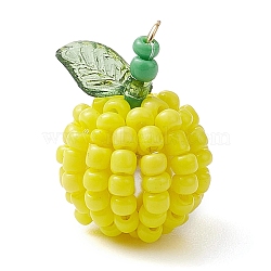 Seed Beads Beaded Pendants, Apple Charms, with Glass Pearl Beads inside, Yellow, 21.5x15mm, Hole: 2mm(PALLOY-TA00159-01)