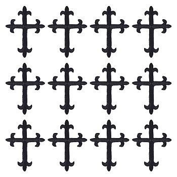 Cross Fleury Polyester Embroidery Iron on Applique Patch, Sewing Craft Decoration, Black, 95x70x1mm