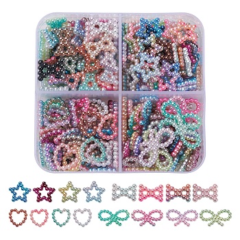 220Pcs 4 Styles Rainbow ABS Plastic Imitation Pearl Linking Rings, Gradient Mermaid Pearl, Heart & Bowknot & Star, Mixed Color, 11~18.5x9~12x2mm, 220pcs/box