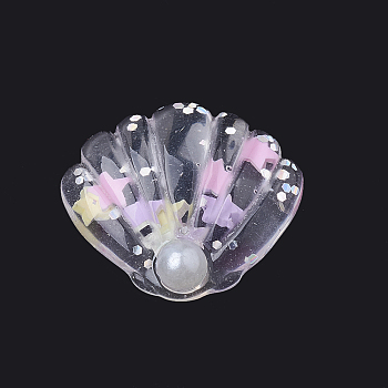 Resin Cabochons, with Paillette, Shell, Clear, 25x28~29x7mm