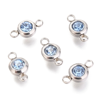 304 Stainless Steel Rhinestone Links Connectors, Flat Round, Stainless Steel Color, Light Sapphire, 12x6.5x4mm, Hole: 2mm
