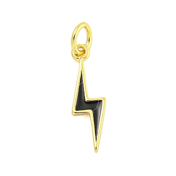 Rack Plating Brass Enamel Pendants, with Jump Ring, Cadmium Free & Lead Free, Long-Lasting Plated, Real 18K Gold Plated, Lightning Charm, Black, 17.5x5x1mm, Hole: 3.5mm